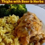 slow cooker chicken thigh white plate with rice pilaf and broccoli