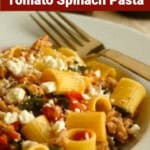 close up of sausage cherry tomato spinach pasta is white wide rimmed bowl with fork on the rim