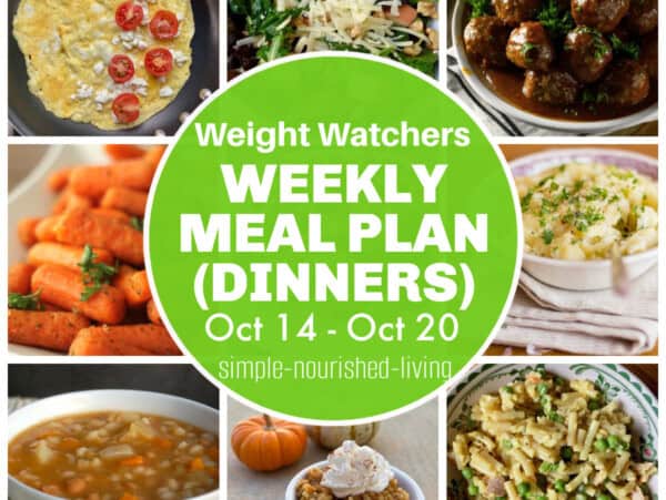 9 frame food photo collage of weekly WW meal plan featuring skinny crepe style omelet, green salad, slow cooker french onion meatballs, roasted carrots, mashed potatoes, slow cooker bean barley soup, pumpkin rice pudding made lighter, skinny tuna mac with cauliflower rice