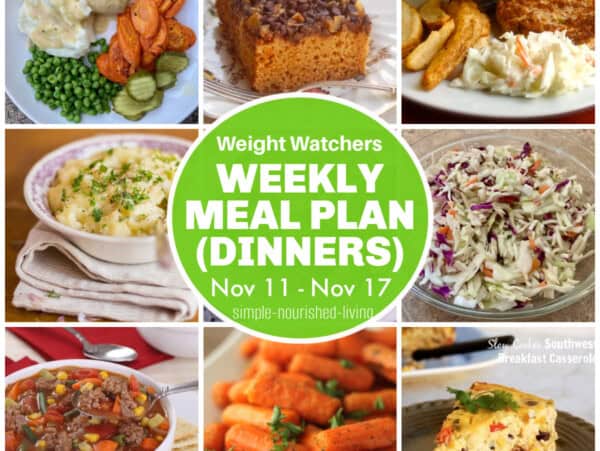 9 food photos featuring 2 ingredient creamy crockpot chicken, one bowl choco moist cake, salmon patties, creamy low fat mashed potatoes, 2 ingredient skinny coleslaw, easy crockpot hamburger soup, roasted carrots, slow cooker southwest breakfast casserole with text box overlay WW Weekly Meal Plan Dinners Nov 11 -Nov 17