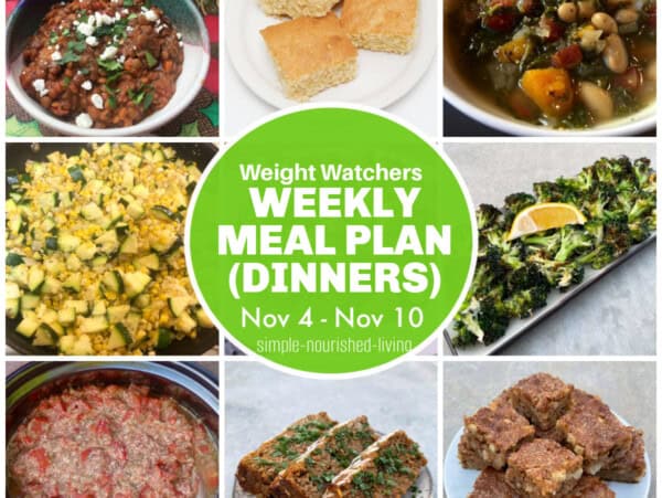 9 frame food photo collage featuring slow cooker lentil soup, corn bread, butternut squash, kale, white bean soup, corn and zucchini saute, roasted parmesan broccoli, slow cooker Italian pork roast, salsa meat loaf and skinny apple nut bars Text Box Overlay "WW Weekly Meal Pan Nov 4 to Nov 10