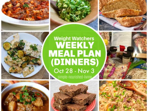 9 image food collage featuring recipes from this week's WW friendly meal plan including slow cooker pasta fagioli, green salad, soda bread, chicken mushroom stir fry, shredded cabbage soup, wheat germ blondies, easy healthy skillet egg roll bowl