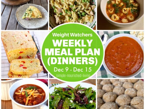 9 frame food photo collage featuring tortellini soup, tomato soup, turkey chili, Mexican cornbread, Impossible Ham & Swiss Pie, Spic Cookies, Mixed Green Salad with Text Box Overlay "WW Weekly Dinner Meal Plan"