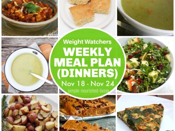 WW Meal Plan Dinners Nov 18 food photo collage with images of slow cooker turkey BBQ chili, cornbread, slow cooker split pea soup, easy creamy artichoke soup, kale apple salad, roasted rosemary potatoes, pumpkin spice protein bars, greek spinach feta frittata with text box overlay