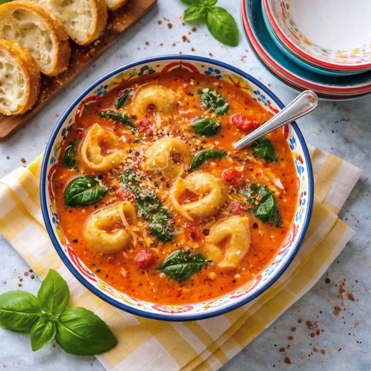 Tomato Tortellini Soup topped with fresh basil in a colorful bowl with slices of crusty bread and stack of empty bowls.