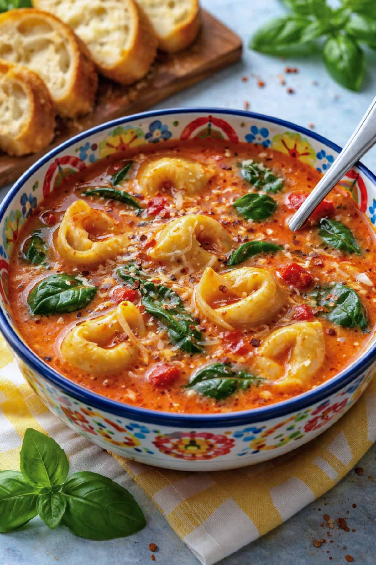 Tomato Tortellini Soup with spinach and basil in a colorful bowl with a spoon and slices of crusty bread.