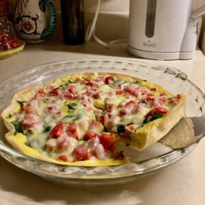Pie plate filled with tortilla cottage cheese egg bake