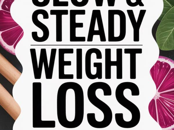 Slow & Steady Weight Loss Challenge Bold Text Box over photo of healthy citrus halves