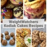 2 over 3 food images of kodiak muffins, zucchini pancakes, protein balls, mug cake, chocolate chip quick cake with text overlay: WW Kodiak Cakes Recipes