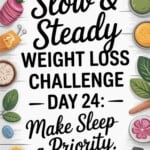 Text: Slow & Steady Weight Loss Challenge Day 24 Make Sleep a Priority with colorful border of herbs, teas, foods,