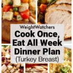 Text Box Overlay: WW Cook Once Eat All Week Dinner Plan over 5 food photos