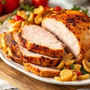 cooked sliced turkey breast on a platter garnished with vegetables and hebs