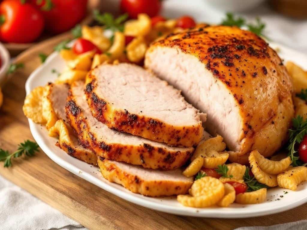 cooked sliced turkey breast on a platter garnished with vegetables and hebs