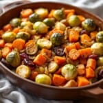 pottery serving dish filled with roasted brussels sprouts, carrots, sweet potatoes and onions
