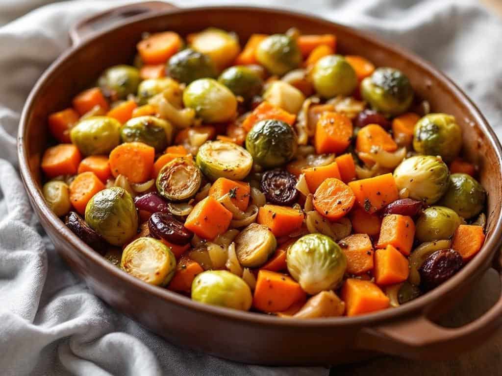 pottery serving dish filled with roasted brussels sprouts, carrots, sweet potatoes and onions