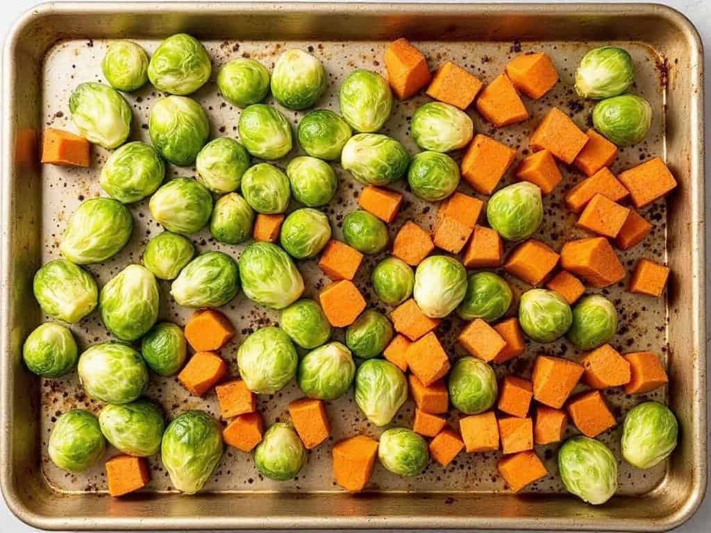 raw brussels sprouts, carrots, sweet potatoes on sheet pan