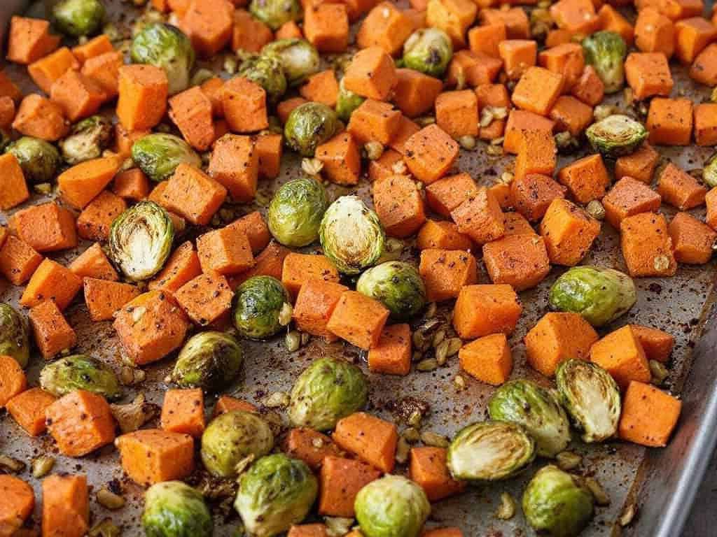 Cooked brussels sprouts, sweet potatoes, carrots on sheet pan