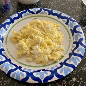 microwave mug cottage cheese scrambled eggs on blue patterned paper plate