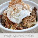 white ramekin with whipped topping topped air fryer apple cobbler with Text for Pinterest PIN