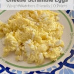 scrambled eggs on colorful bordered plate with Text Box Overlay for Pinterest PIN