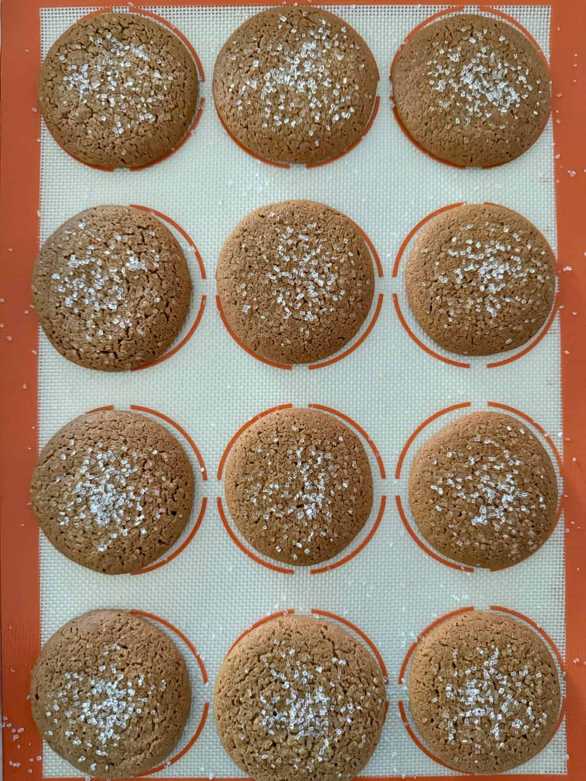 Fresh baked ginger cookies on silicone lined baking sheet.