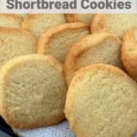 pottery plate with sugar free lemon shortbread cookies with text overlay for pinterest PIN