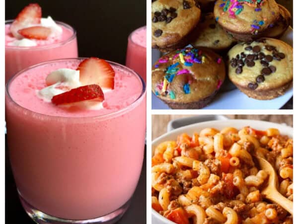 3 photo food collage jello yogurt fluff, hamburger goulash, kodiak cakes muffins