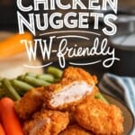 plate of air fryer ranch chicken nuggets with green beans and carrots alongside. Text Box Overlay with recipe title for Pinterest PIN