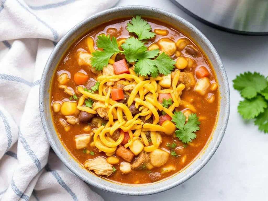 Bowl of taco soup topped with shredded cheese and fresh cilantro.