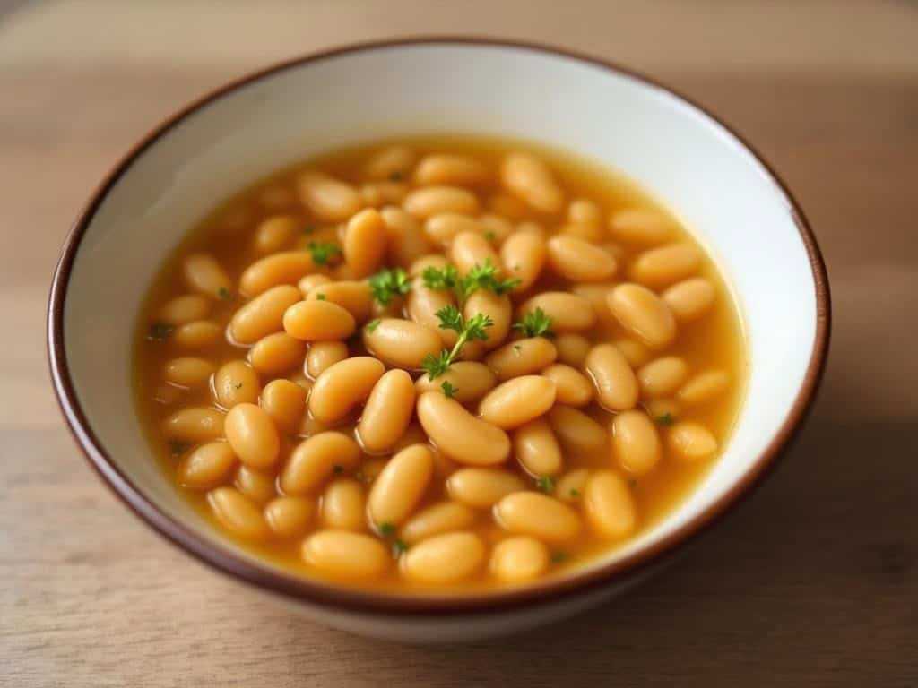 Bowl of white beans in broth close up