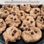 chocolate chip meringue cookies close up with text box overlay for Pinterest PIN