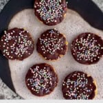 chocolate dipped mini caramel rice crisps with text box overlay for pinterest pin