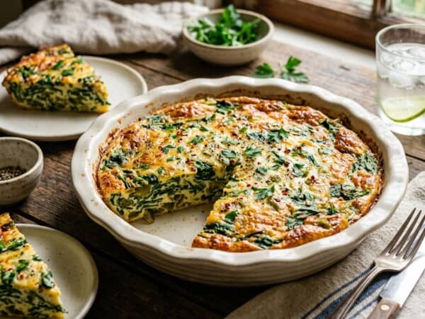 Baked spinach green chile crustless quiche ready to enjoy