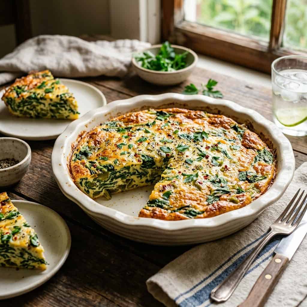 Baked spinach green chile crustless quiche in pie dish on wood table with two pieces of quiche on small plates alongside.