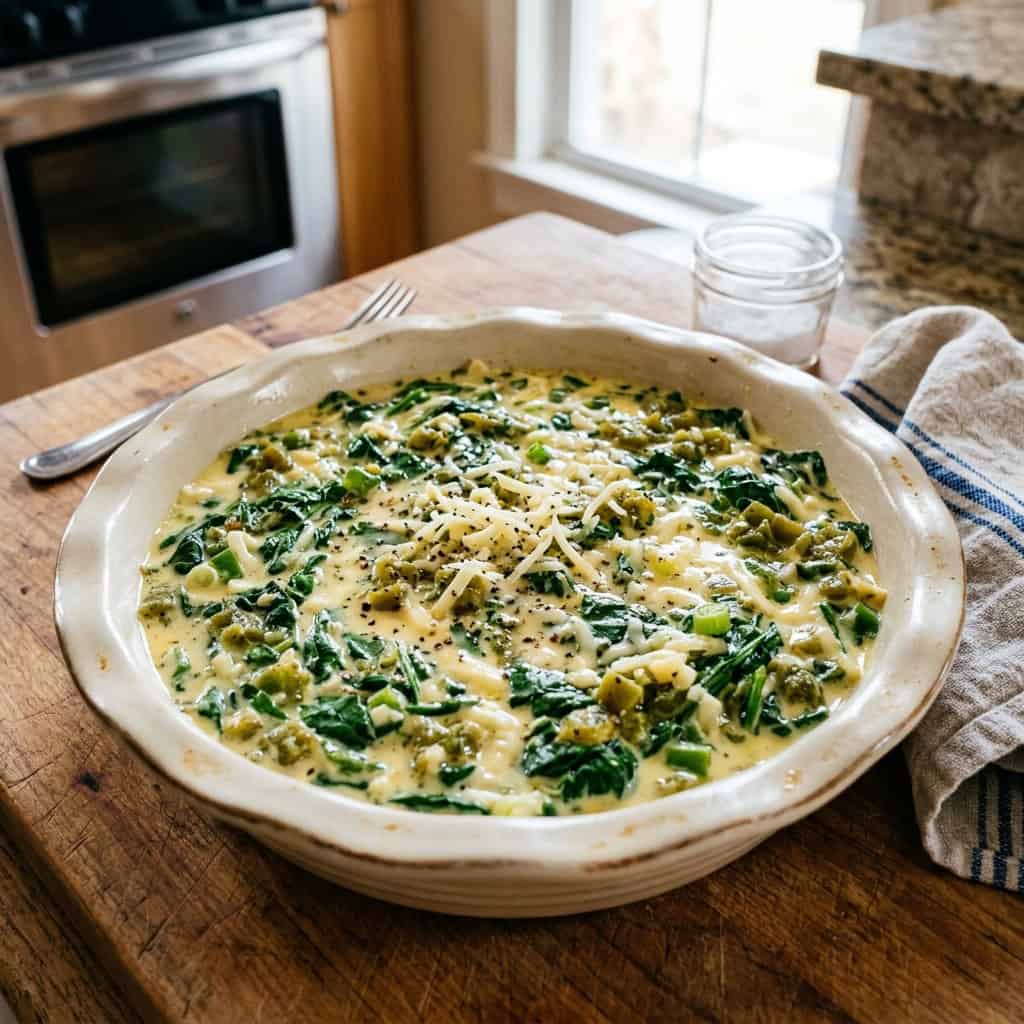 Crustless spinach green chile quiche ready to bake.