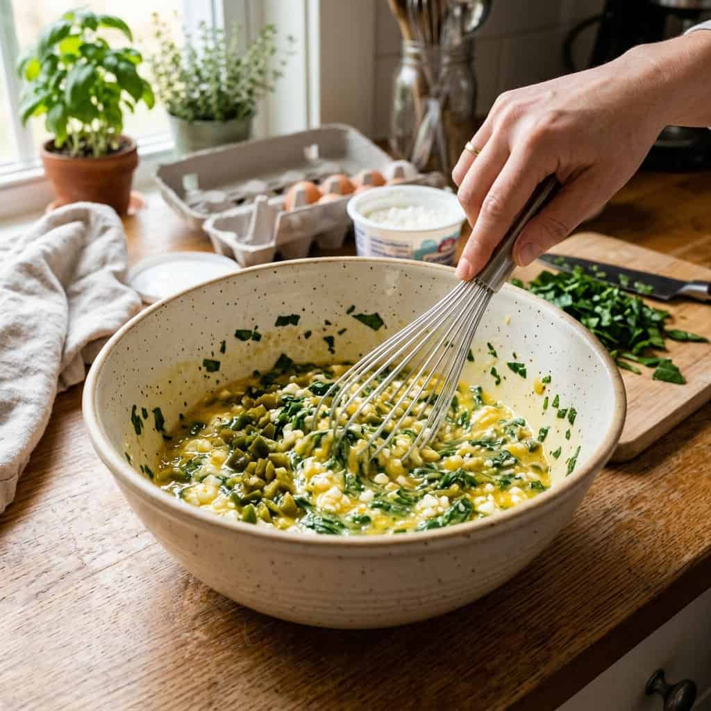 Mixing ingredients for crustless spinach green Chile quiche in a mixing bowl with a wire whisk.