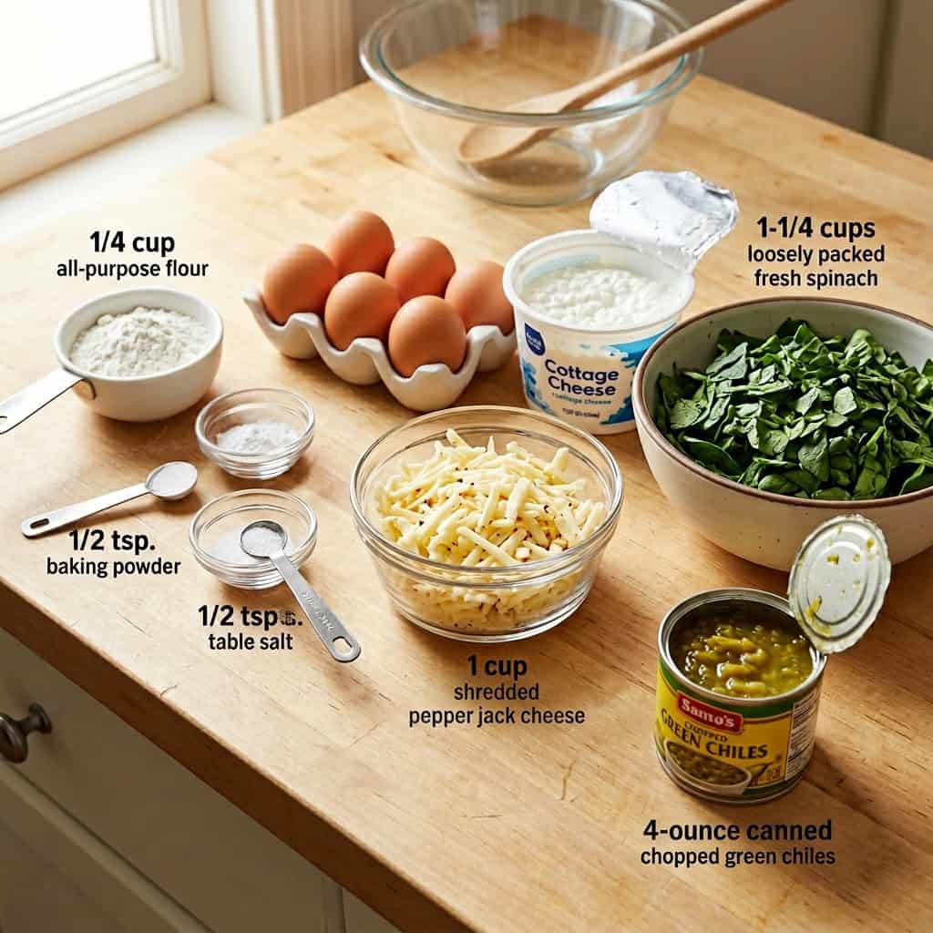 Ingredients for Crustless Spinach Green Chile Quiche arranged on kitchen counter, including chopped green chiles, shredded pepper jack cheese, fresh spinach cottage cheese, eggs, flour, baking powder and salt.