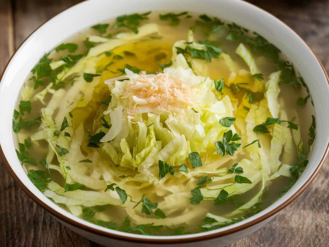 Bowl of Italian-Style Lettuce Soup garnished with fresh chopped parsley.