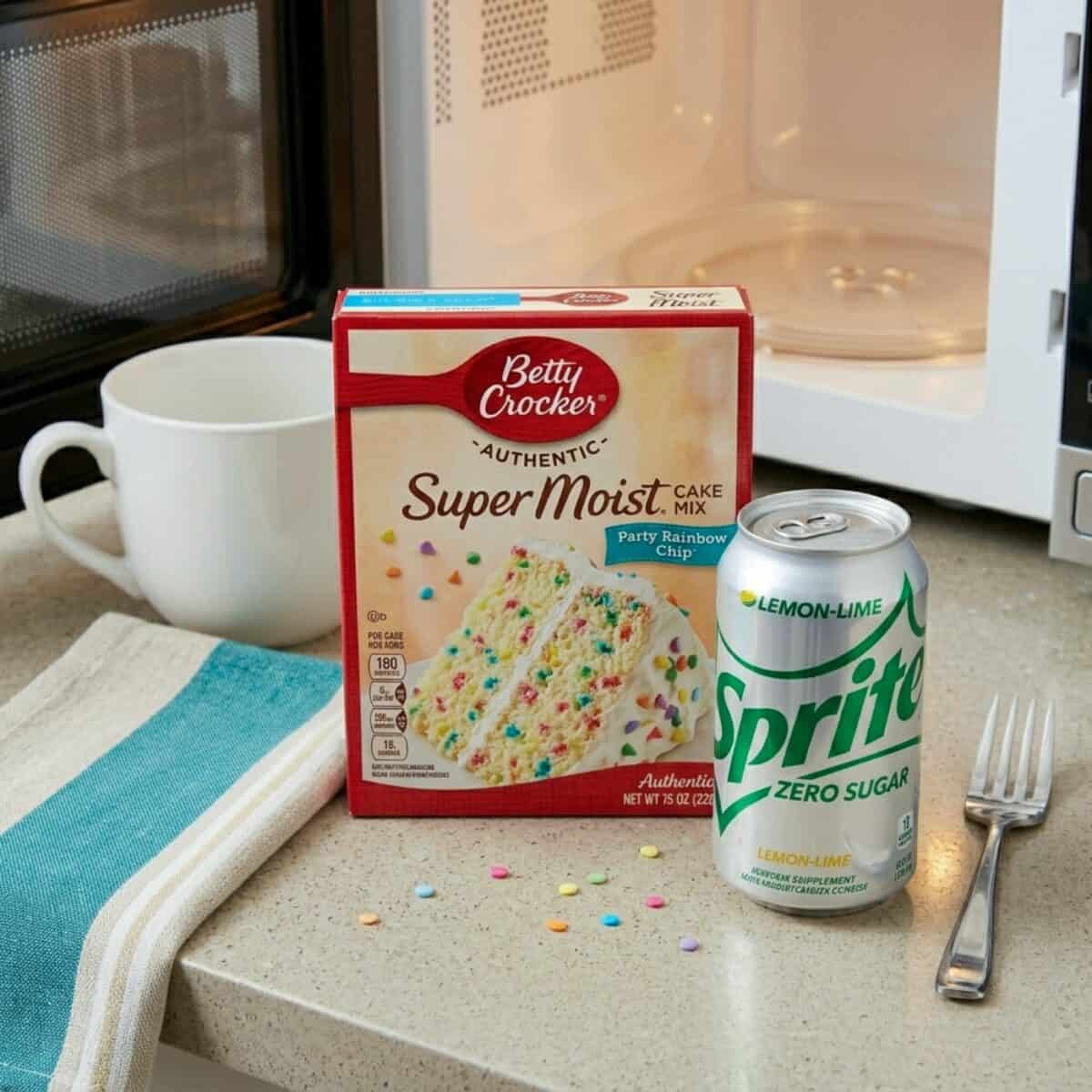 Box of Betty Crocker Super Moist Party Rainbow Chip cake mix, a can of lemon-lime Sprite Zero sugar, a white mug and microwave on kitchen counter.