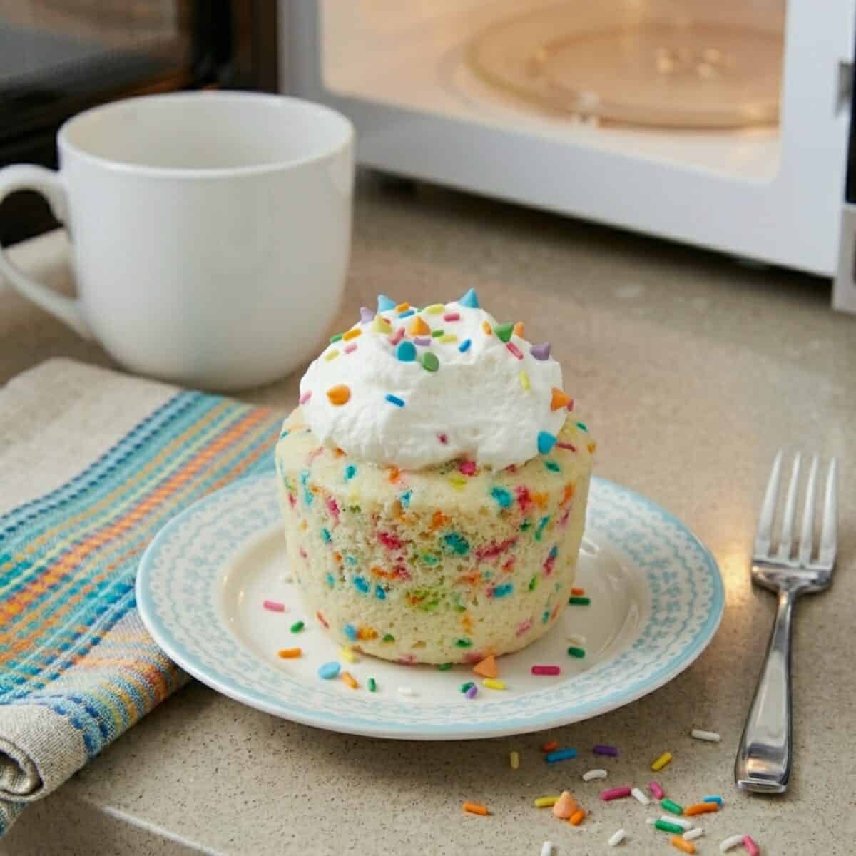Rainbow Mug Cake with whipped topping and rainbow sprinkles on small saucer with fork, a colorful linen napkin, a white mug and microwave in the background.