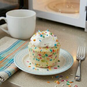 funfetti rainbow chip mug cake topped with light whipped topping and sprinkles with mug and microwave in background