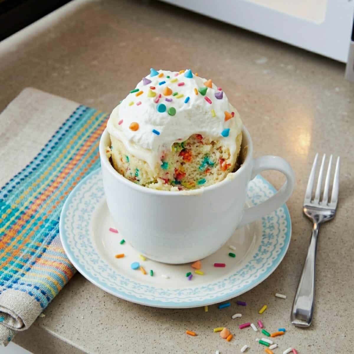 Rainbow Mug Cake with whipped topping and sprinkles in white mug on small saucer with fork and colorful linen napkin.