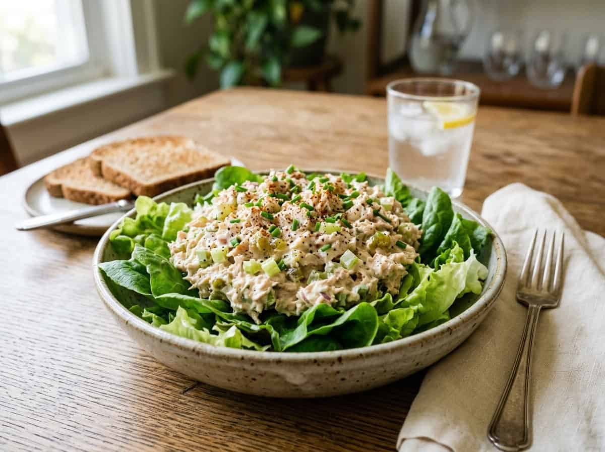 tuna salad with pickle relish on lettuce leaves in pottery bowl