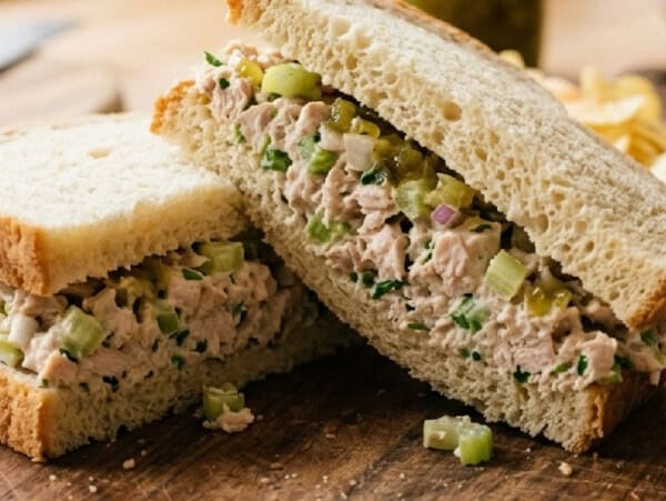 tuna salad sandwich on cutting board with text box overlay for Pinterest PIN