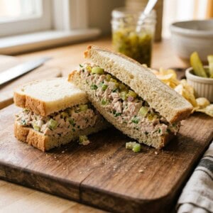Tuna Salad Sandwich on Old Fashioned Homemade Sandwich Bread But in Half on Cutting Board