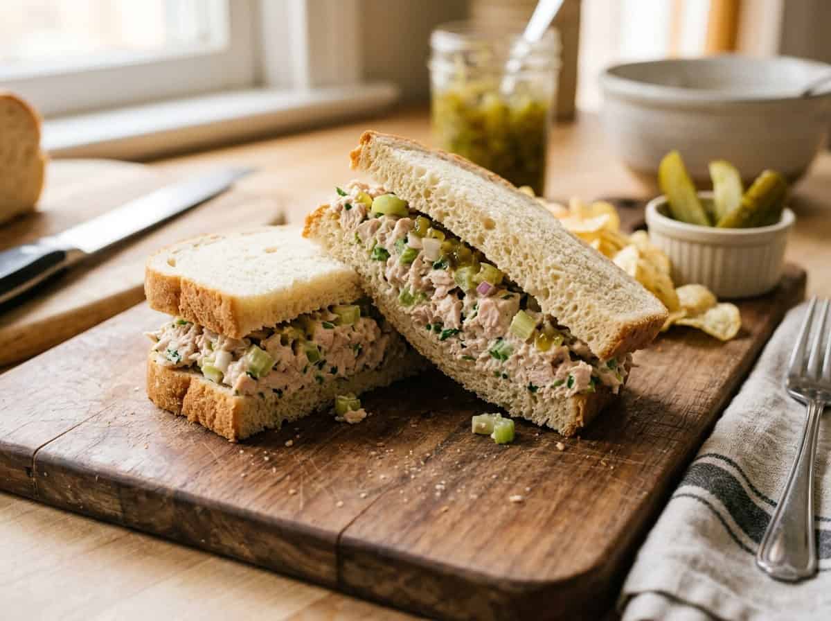 Tuna Salad Sandwich on Old Fashioned Homemade Sandwich Bread But in Half on Cutting Board