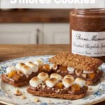 chocolate hazelnut S'mores cookies on plate with jar of hazelnut spread in background. Text box overlay for Pinterest PIN
