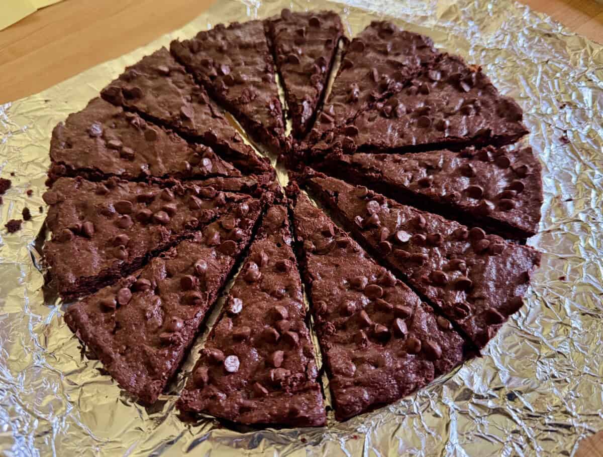 Triple Chocolate Brownie Thins cut into wedges