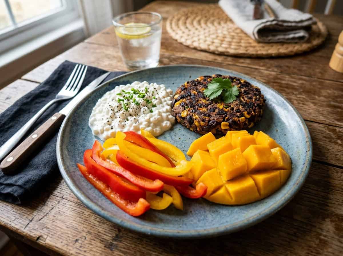 black bean burger with fresh mango, sliced bell peppers and cottage cheese on blue plate
