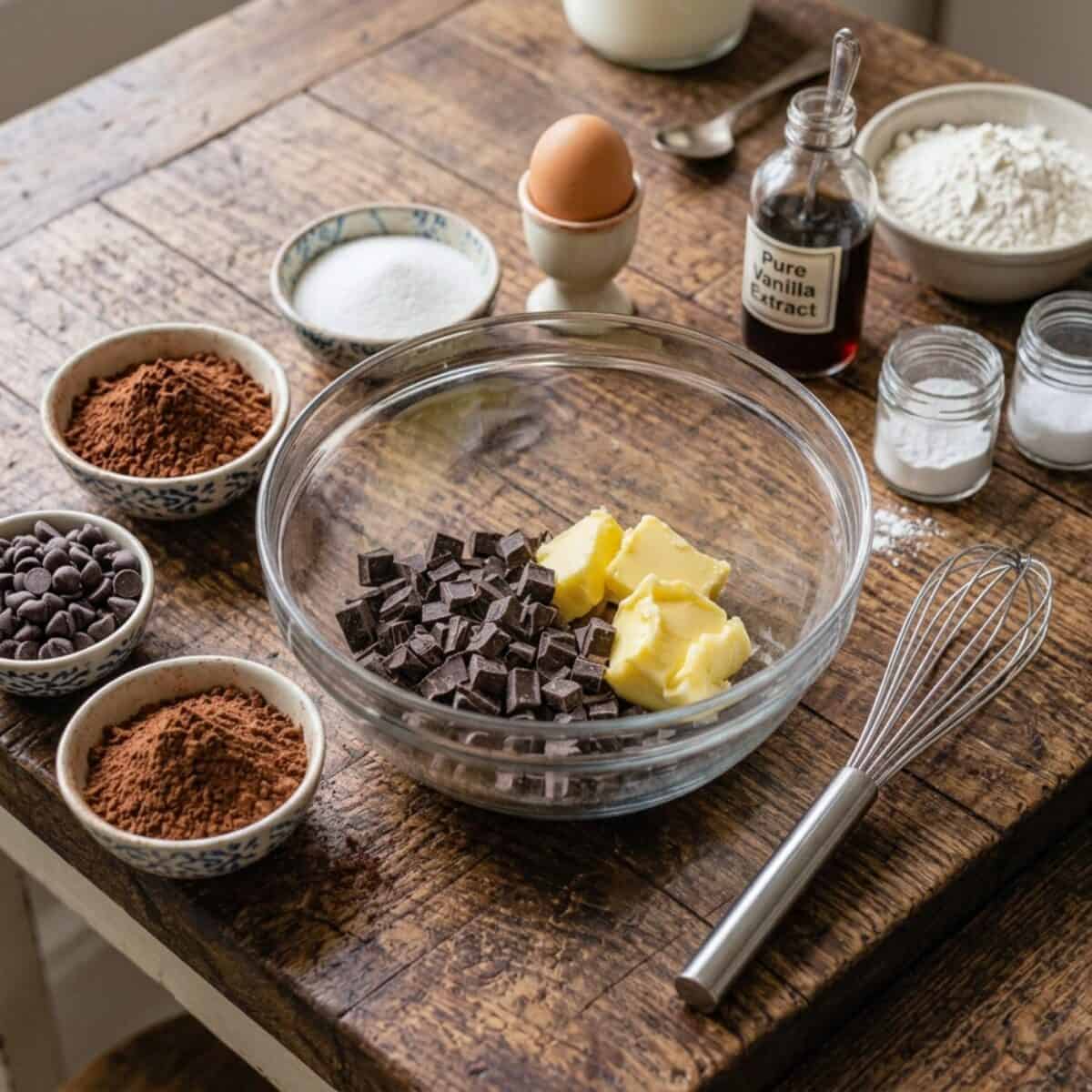 Ingredients including chopped chocolate and butter in glass bowl, cocoa powder, chocolate chips, egg, sugar, flour, vanilla and whisk on wood table.